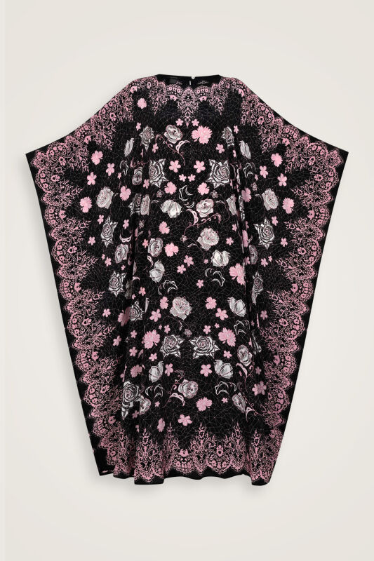 Gül Dantel Siyah Krep İpek Kaftan - 2
