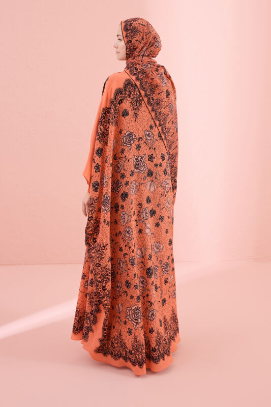 Gül Dantel Somon Krep İpek Kaftan - 6