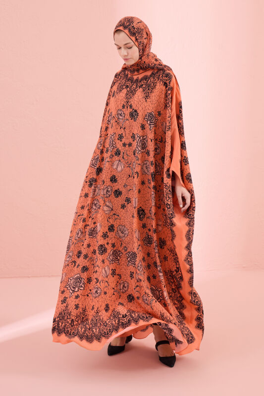 Gül Dantel Somon Krep İpek Kaftan - 5