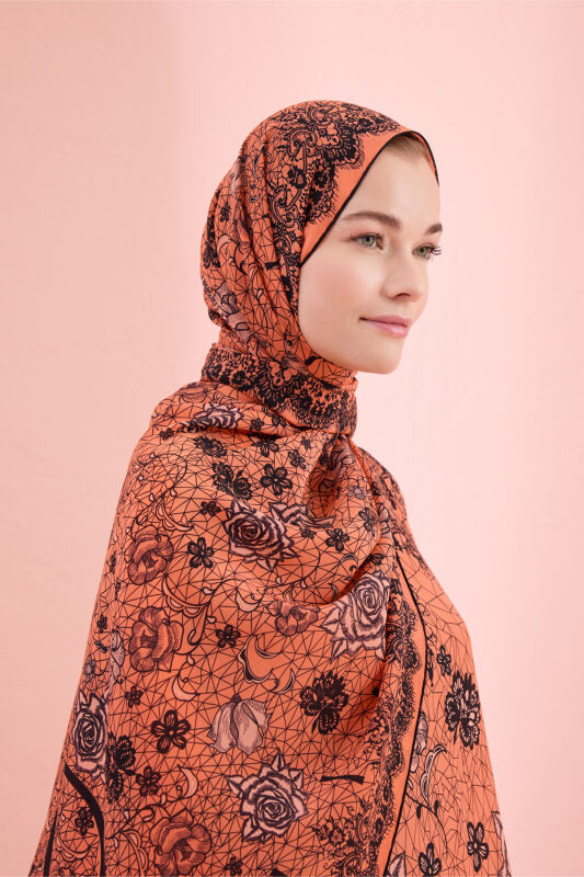 Gül Dantel Somon Krep İpek Kaftan Şal 70x210 - 3