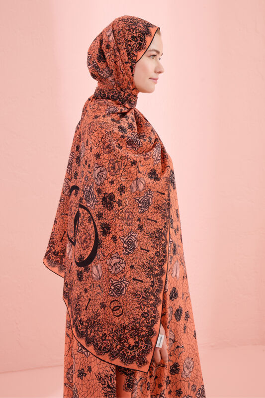 Gül Dantel Somon Krep İpek Kaftan Şal 70x210 - 1