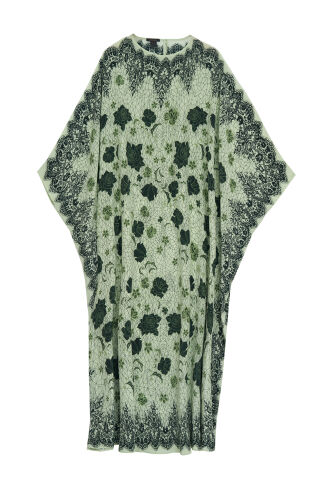 Gül Dantel Yeşil Krep İpek Kaftan - 2