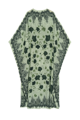 Gül Dantel Yeşil Krep İpek Kaftan - 4