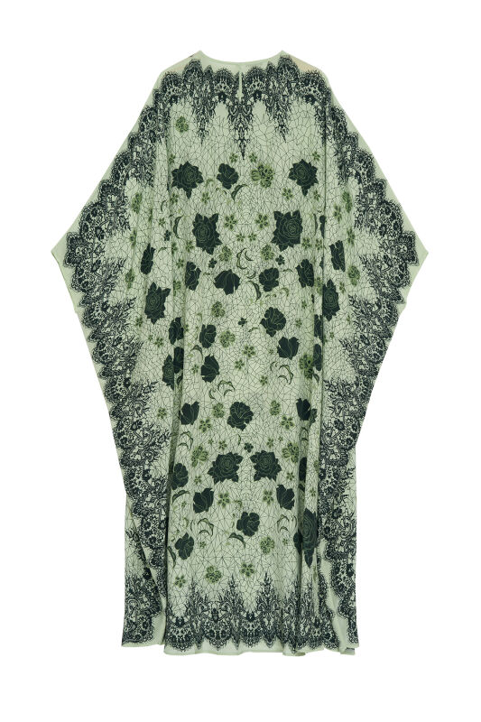 Gül Dantel Yeşil Krep İpek Kaftan - 4