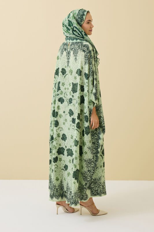 Gül Dantel Yeşil Krep İpek Kaftan - 5