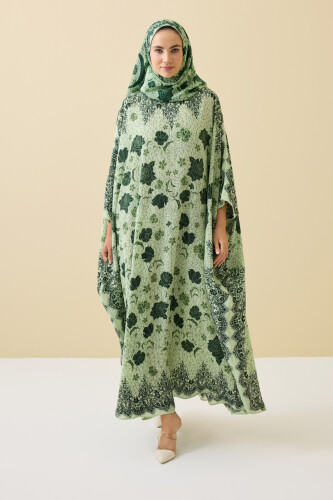 Gül Dantel Yeşil Krep İpek Kaftan 