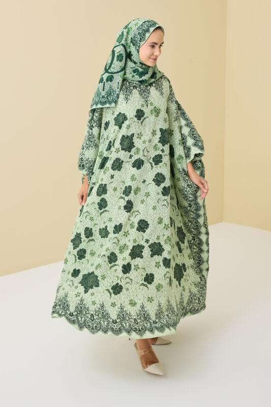 Gül Dantel Yeşil Krep İpek Kaftan - 6