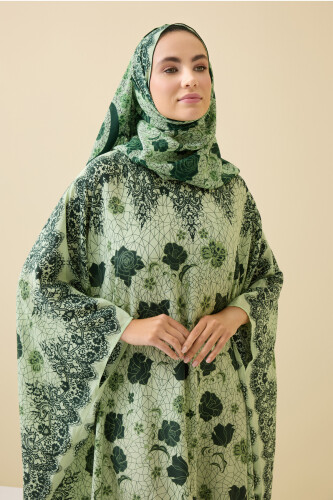 Gül Dantel Yeşil Krep İpek Kaftan - 3