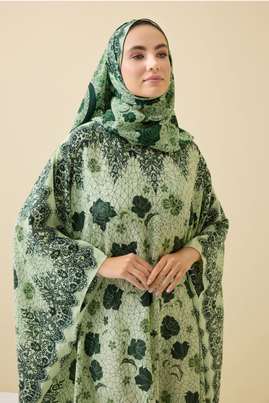 Gül Dantel Yeşil Krep İpek Kaftan - 3