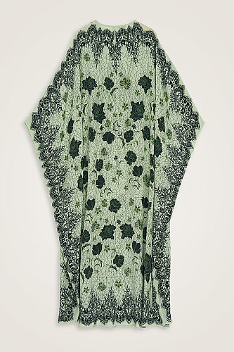 Gül Dantel Yeşil Krep İpek Kaftan - 2