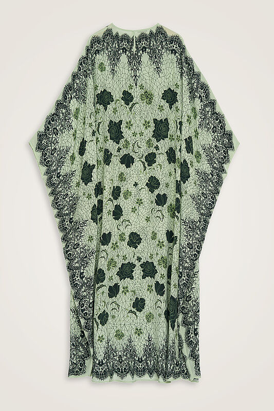 Gül Dantel Yeşil Krep İpek Kaftan - 2