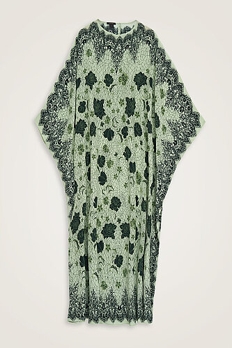 Gül Dantel Yeşil Krep İpek Kaftan - 4