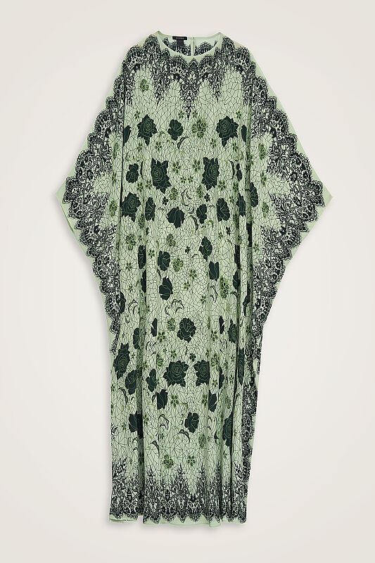 Gül Dantel Yeşil Krep İpek Kaftan - 4