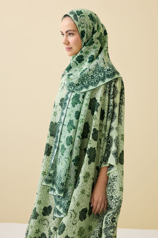 Gül Dantel Yeşil Krep İpek Kaftan Şal 70x210 - 1