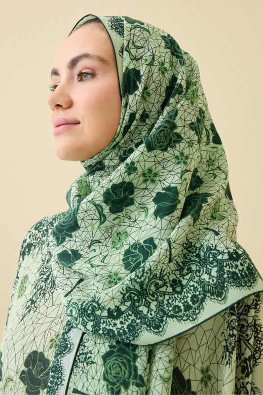 Gül Dantel Yeşil Krep İpek Kaftan Şal 70x210 - 5
