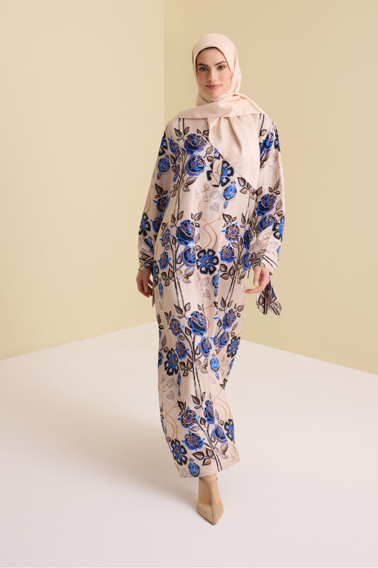 Gül Sarmaşık Bej Patlı İpek Elbise - 4