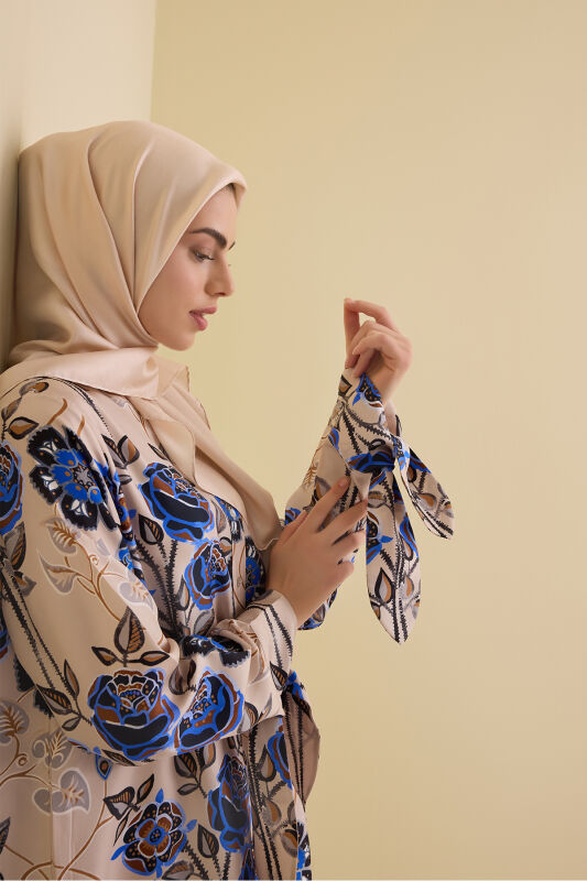 Gül Sarmaşık Bej Patlı İpek Elbise - 3