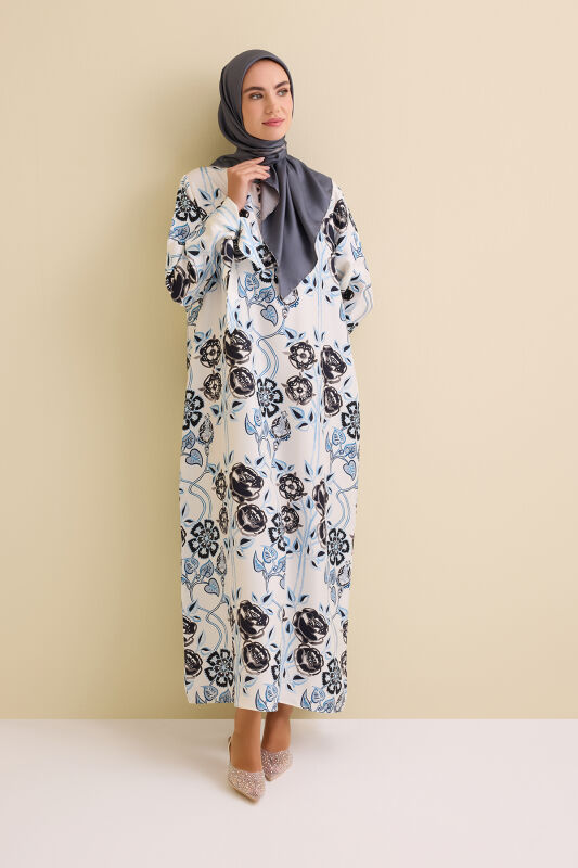 Gül Sarmaşık Beyaz Patlı İpek Elbise - 1