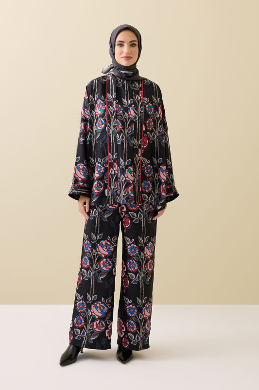 Gül Sarmaşık Siyah Tivil İpek Kısa Kimono - 3