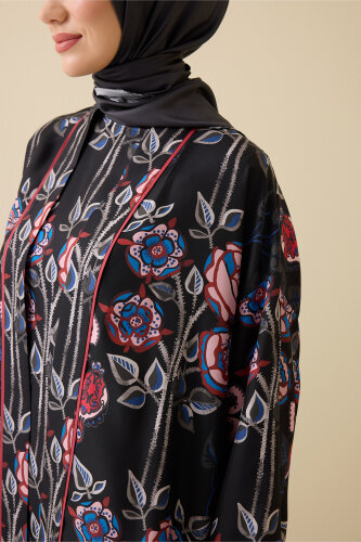 Gül Sarmaşık Siyah Tivil İpek Kısa Kimono - 5