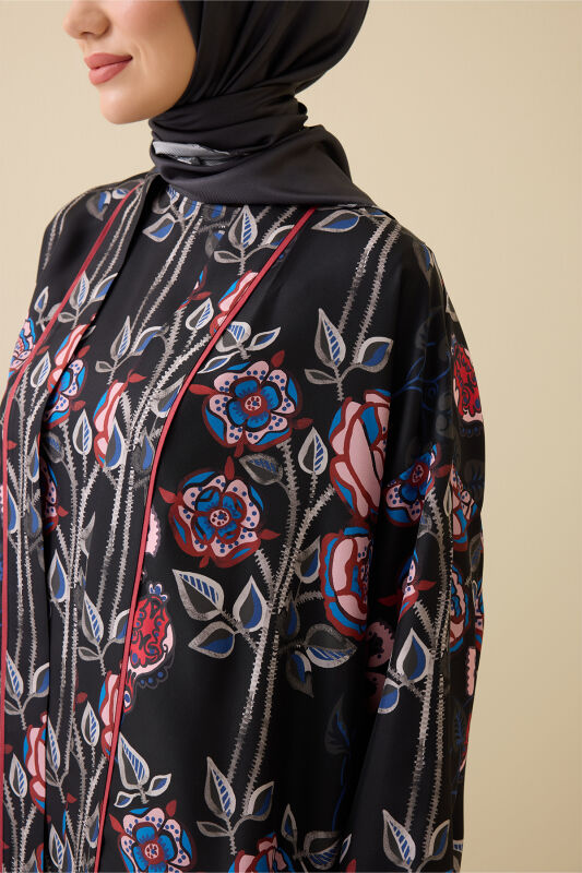 Gül Sarmaşık Siyah Tivil İpek Kısa Kimono - 5