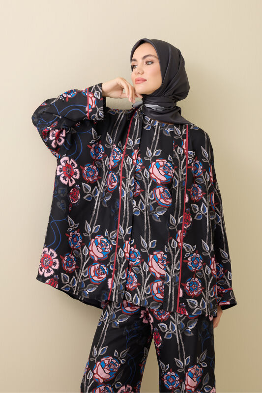 Gül Sarmaşık Siyah Tivil İpek Kısa Kimono - 1