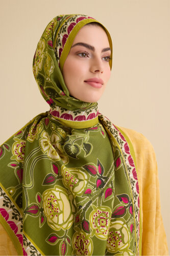 Gül Sarmaşık Yeşil Floş Viskon Şal 70x210 - Imannoor (3)