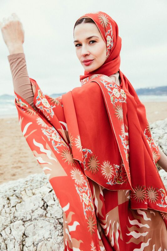 Güneş Kırmızı İpek Kaftan - 1