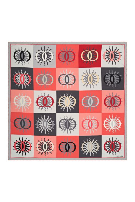 Güneş Monogram Kırmızı Tivil İpek Eşarp 90x90 - 2