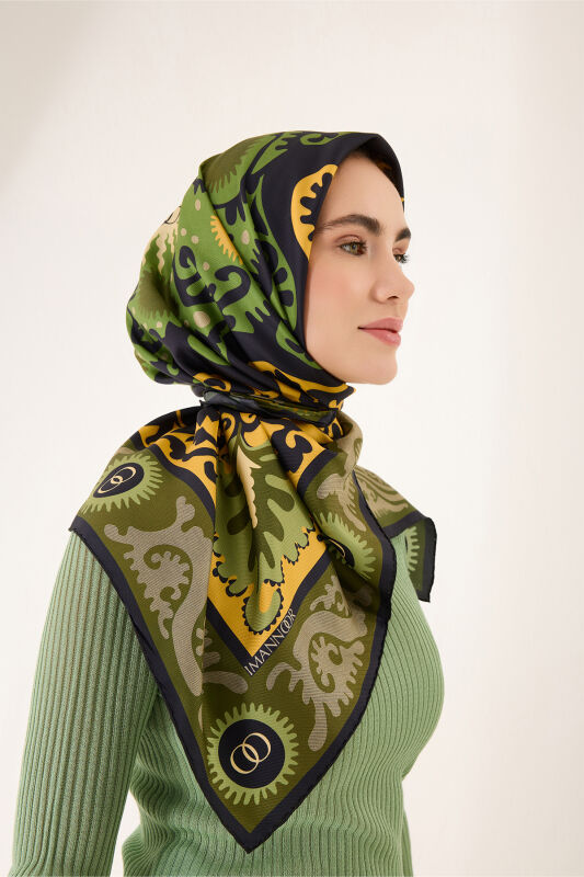 Hayat Green-Grey Double-Sided Twill Silk Scarf - 1