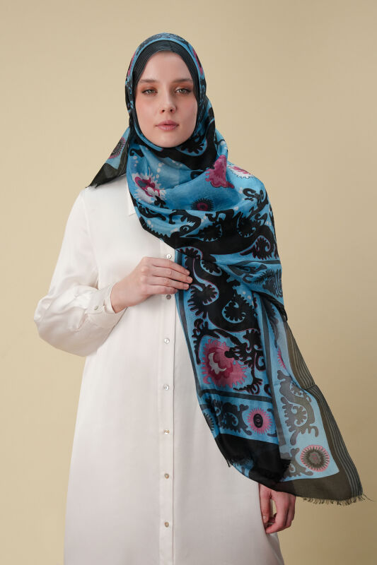Hayat Mavi İpek Vual Şal 70x200 - 3