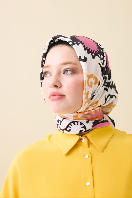Hayat Pembe-Somon Çift Taraflı Tivil İpek Eşarp 90x90 - 4