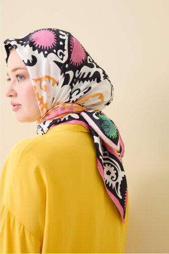 Hayat Pembe-Somon Çift Taraflı Tivil İpek Eşarp 90x90 - 1
