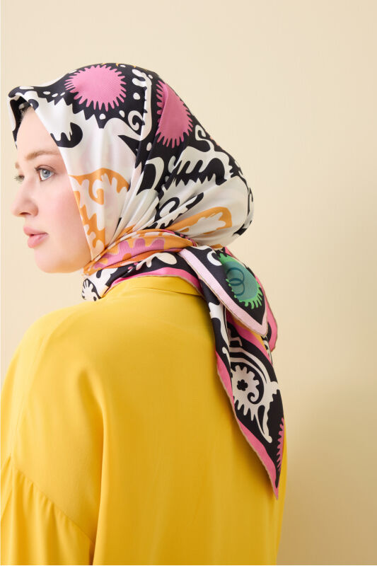 Hayat Pembe-Somon Çift Taraflı Tivil İpek Eşarp 90x90 - 1