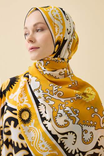 Hayat Sarı Krep İpek Kaftan Şal 70x210 - 5