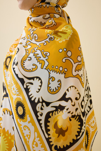 Hayat Sarı Krep İpek Kaftan Şal 70x210 - 3