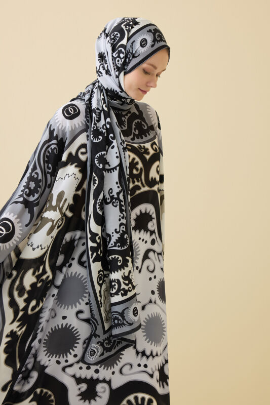 Hayat Siyah Krep İpek Kaftan Şal 70x210 - 1