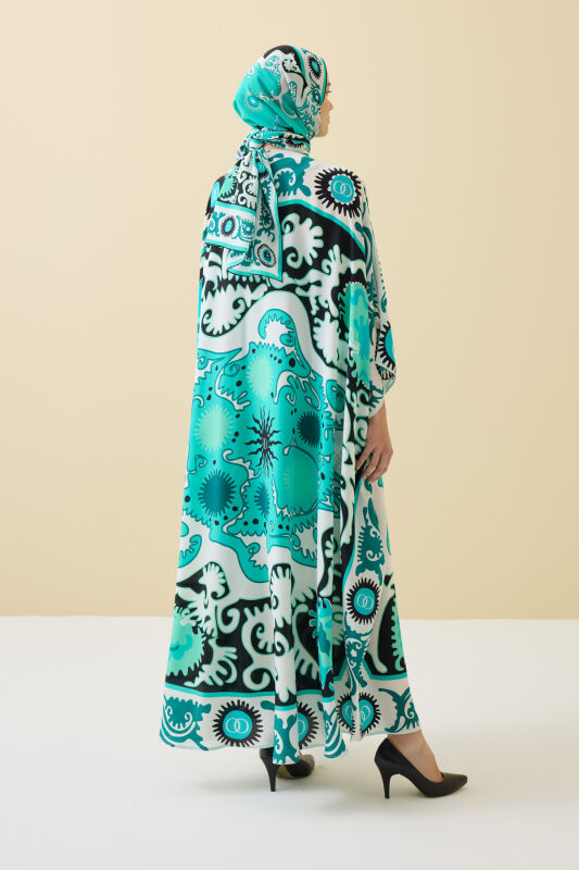 Hayat Turkuaz İpek Kaftan - 6