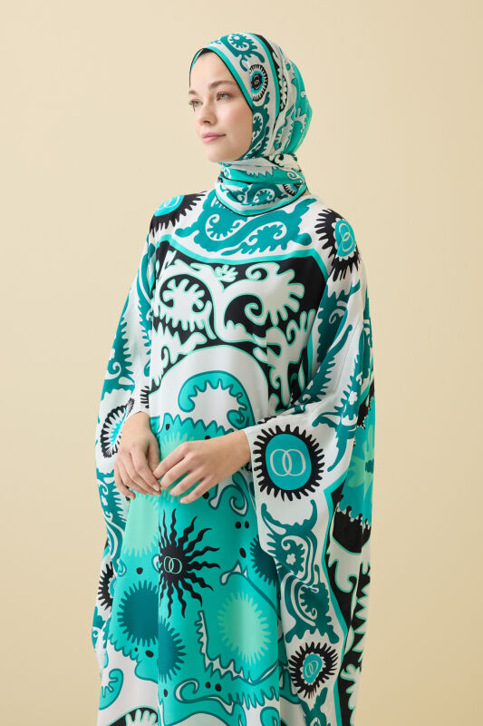 Hayat Turkuaz İpek Kaftan - 3
