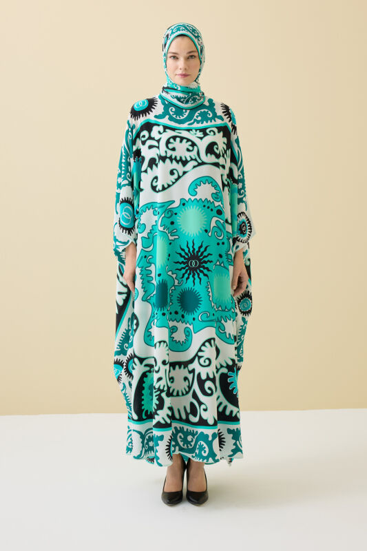 Hayat Turkuaz İpek Kaftan - 5