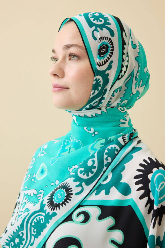 Hayat Turkuaz Krep İpek Kaftan Şal 70x210 - 3