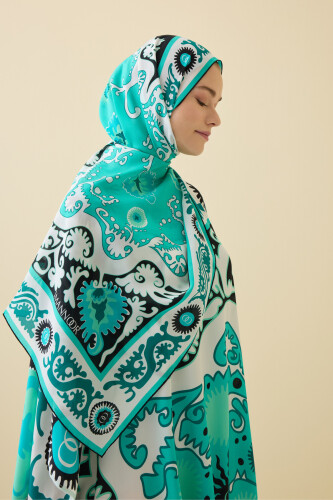 Hayat Turkuaz Krep İpek Kaftan Şal 70x210 