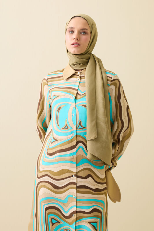 Hexagon Baklava Khaki Ramy Jacquard Shawl - 5