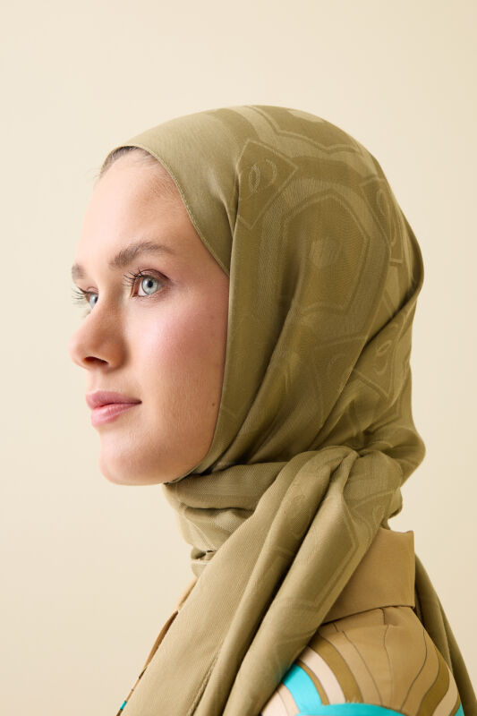 Hexagon Baklava Khaki Ramy Jacquard Shawl - 3