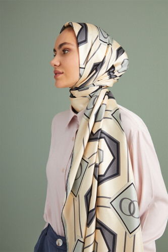 Hexagon Noor Twill Silk Shawl Beige 