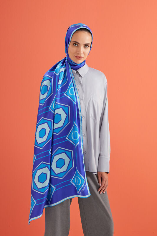 Hexagon Noor Twill Silk Shawl Blue - 1