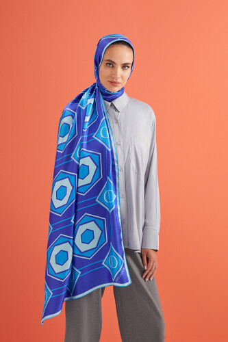 Hexagon Noor Twill Silk Shawl Blue 