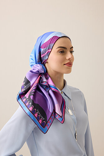 Hurma Ağacı Mavi-Fuşya Çift Taraflı Tivil İpek Eşarp 94x94 - Imannoor (1)