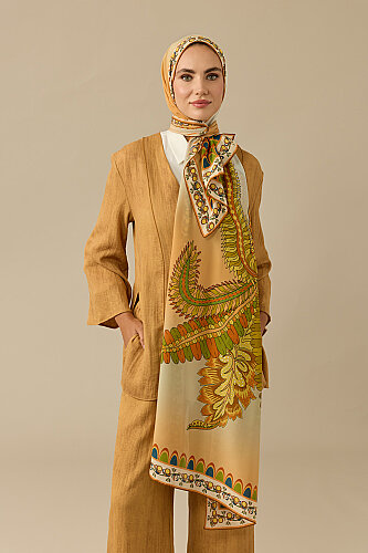 Hurma Ağacı Sarı Krep İpek Kimono Şalı 70x210 - Imannoor (3)