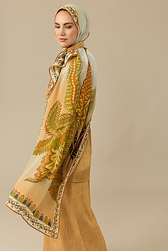 Hurma Ağacı Sarı Krep İpek Kimono Şalı 70x210 - Imannoor (1)